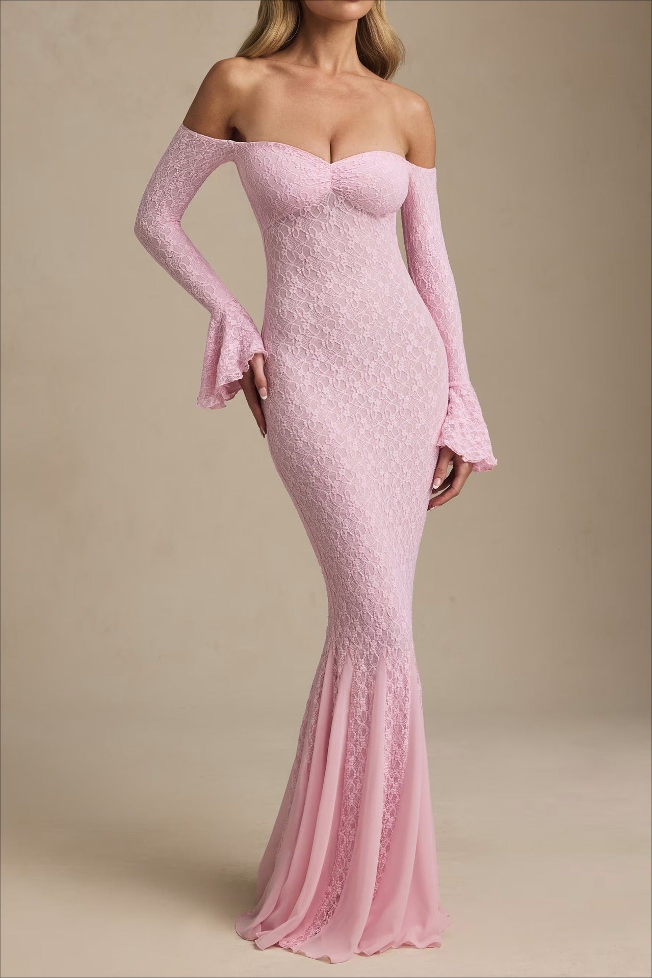 Sequin Off Shoulder Sweetheart Long Bell Sleeve Mermaid Formal Gown
