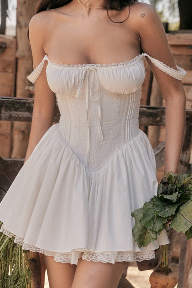 Corset Bodice Sweetheart Tie Waist Lace Trim Flare Hem Mini Dress