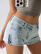 Low Waist Zipper Slit Denim Shorts