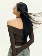 Ribbed Off-Shoulder Brown Knit Top