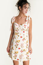 Fruit Print Tie Shoulder Bustier Fit and Flare Mini Dress
