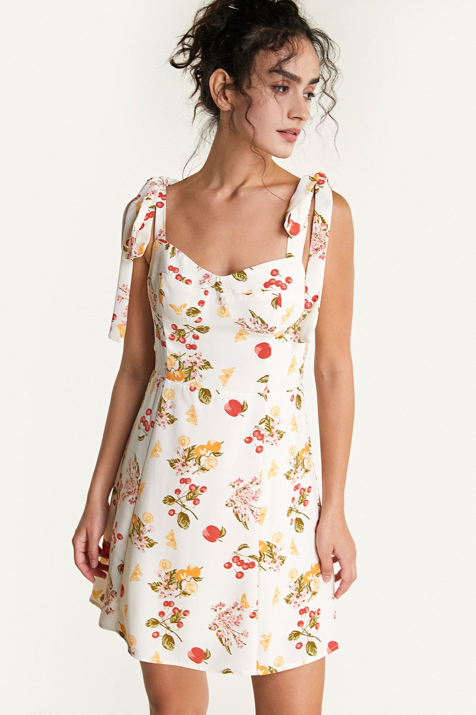 Fruit Print Tie Shoulder Bustier Fit and Flare Mini Dress