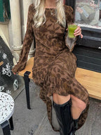 Crew Neck Bell Sleeve Botanical Print Slim Maxi Dress