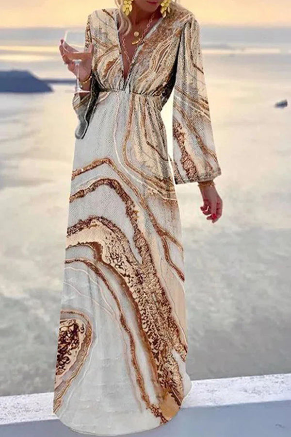 Marble Print Deep V-Neck Bishop Sleeve High Waist Flowy Maxi Dress