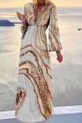 Marble Print Deep V-Neck Bishop Sleeve High Waist Flowy Maxi Dress