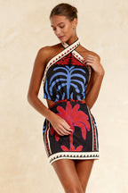 Tropical Palm Print Halter Neck Waist Cut Out Mini Dress
