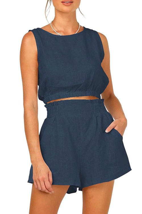 Solid Crop Tank Top Elastic Waist Wide Leg Shorts Set