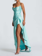 Spaghetti Strap Backless Ruffled Irregular Long Dress