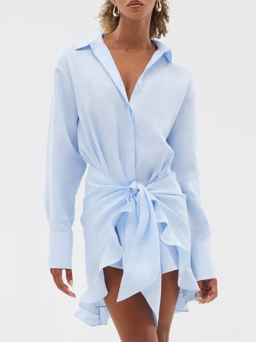 Pure Cotton Lapel Hip-hugging Shirts Mini&Short Dresses