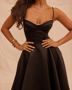 Lace Trim Corset Bustier Spaghetti Strap Pleated Pocket Tea Length Dress