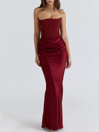 Satin Belted Strapless Off-the-shoulder Fishbone Pleated Long Bodycon Dress