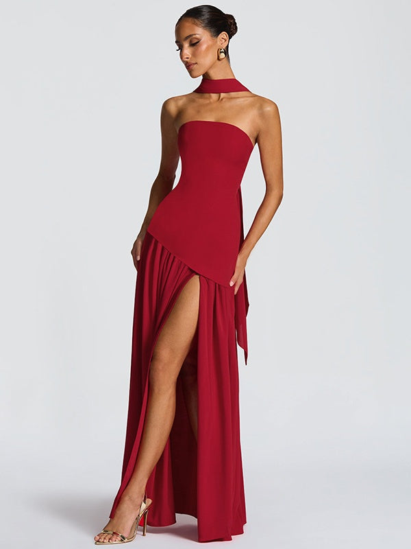 Strapless, Fitted, Solid Color, Open Back, Elegant Long Dress With Ribbons