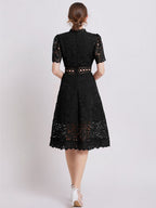 Lace Waist-cinching Hollow-out Midi Dress