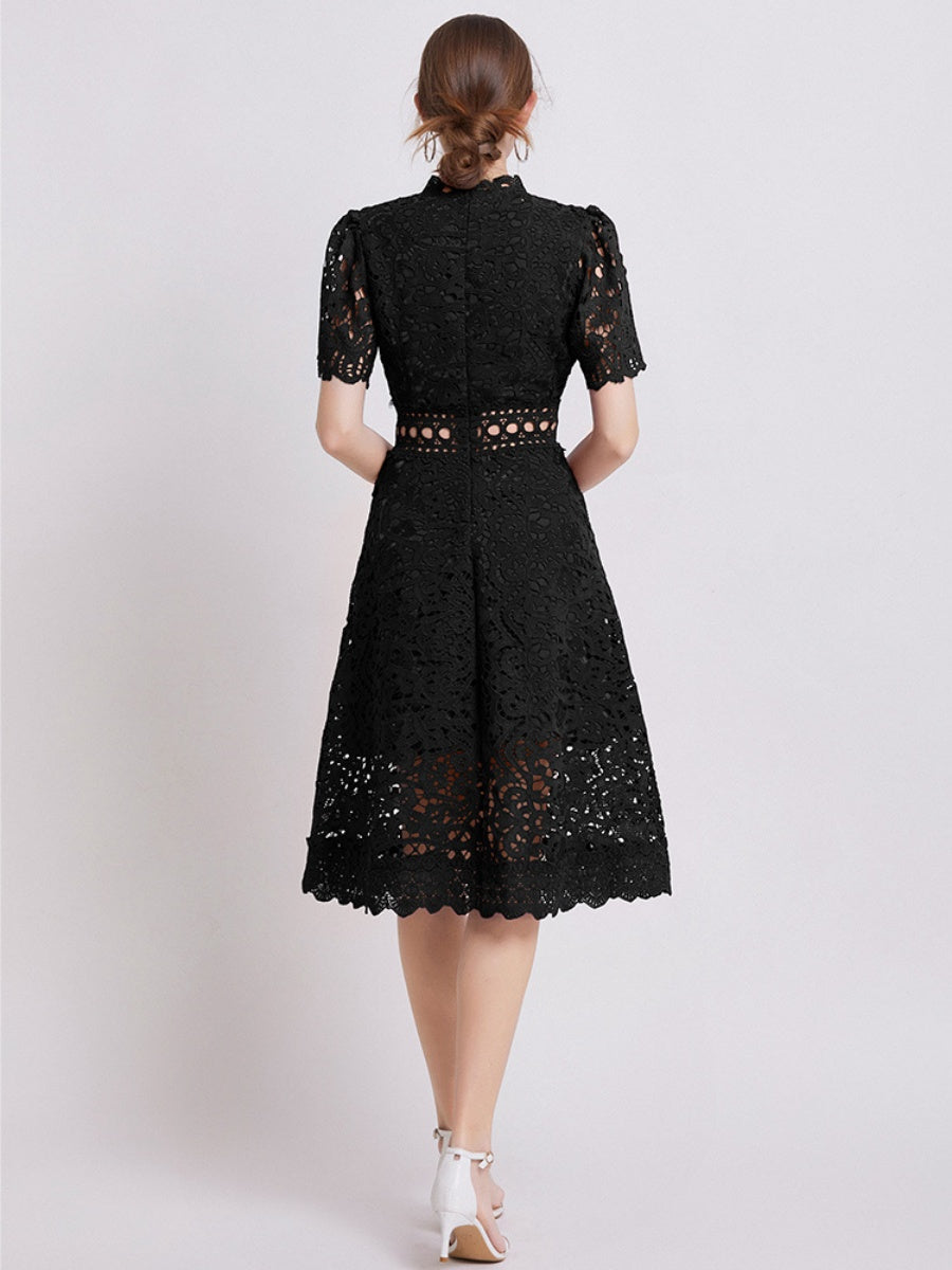 Lace Waist-cinching Hollow-out Midi Dress