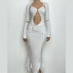 Long sleeve hollow out ruched o ring shrug cami midi dress