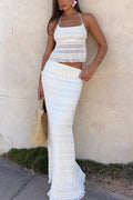 Halter Backless Ruffle Top and Drawstring Waist Maxi Skirt Set