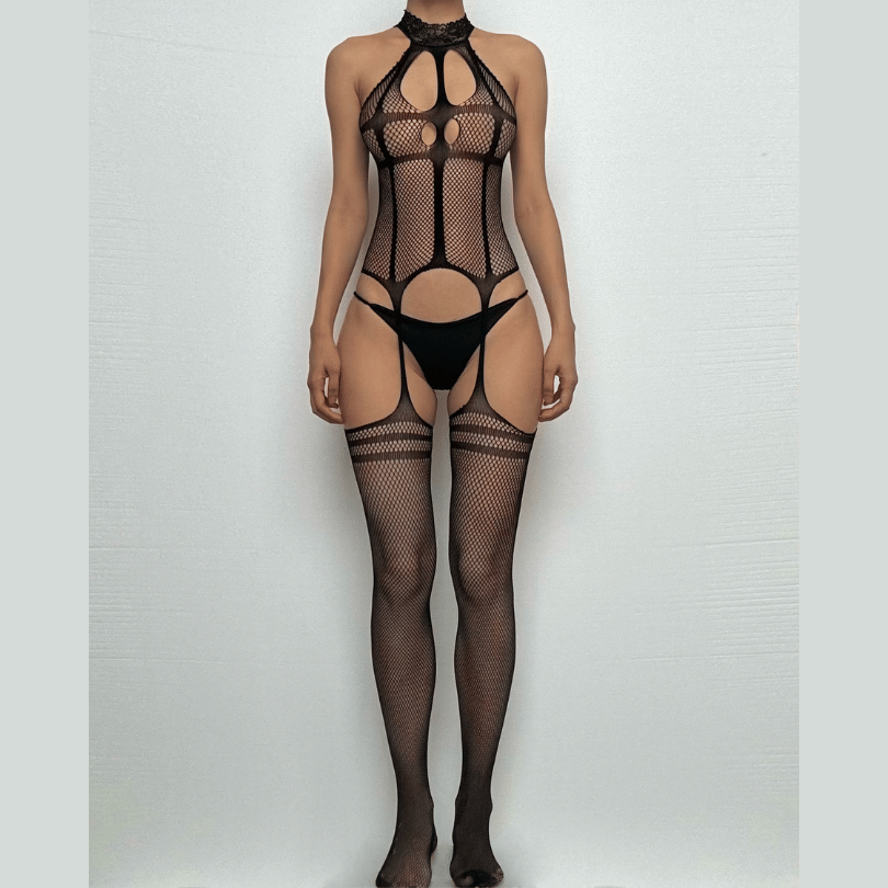 High neck fishnet suspender strappy bodystocking  | Festival Outfits Women