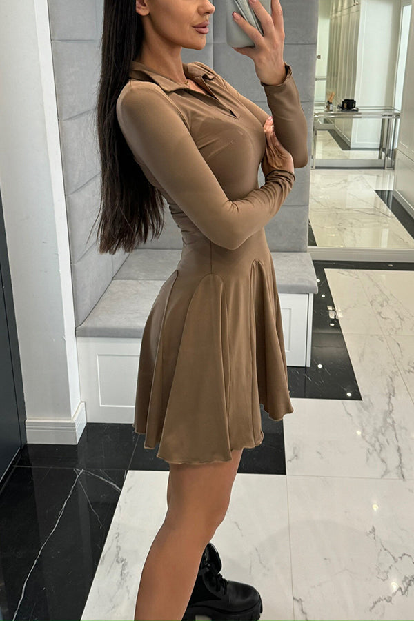 Polo Collar Deep V-Neck Paneled Skater Lettuce Hem Mini Dress