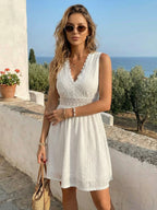 Eyelet Lace Mini Dress for Women - White Boho V Neck Sleeveless Fit and Flare A-Line Sundress - Summer Beach Vacation 2026