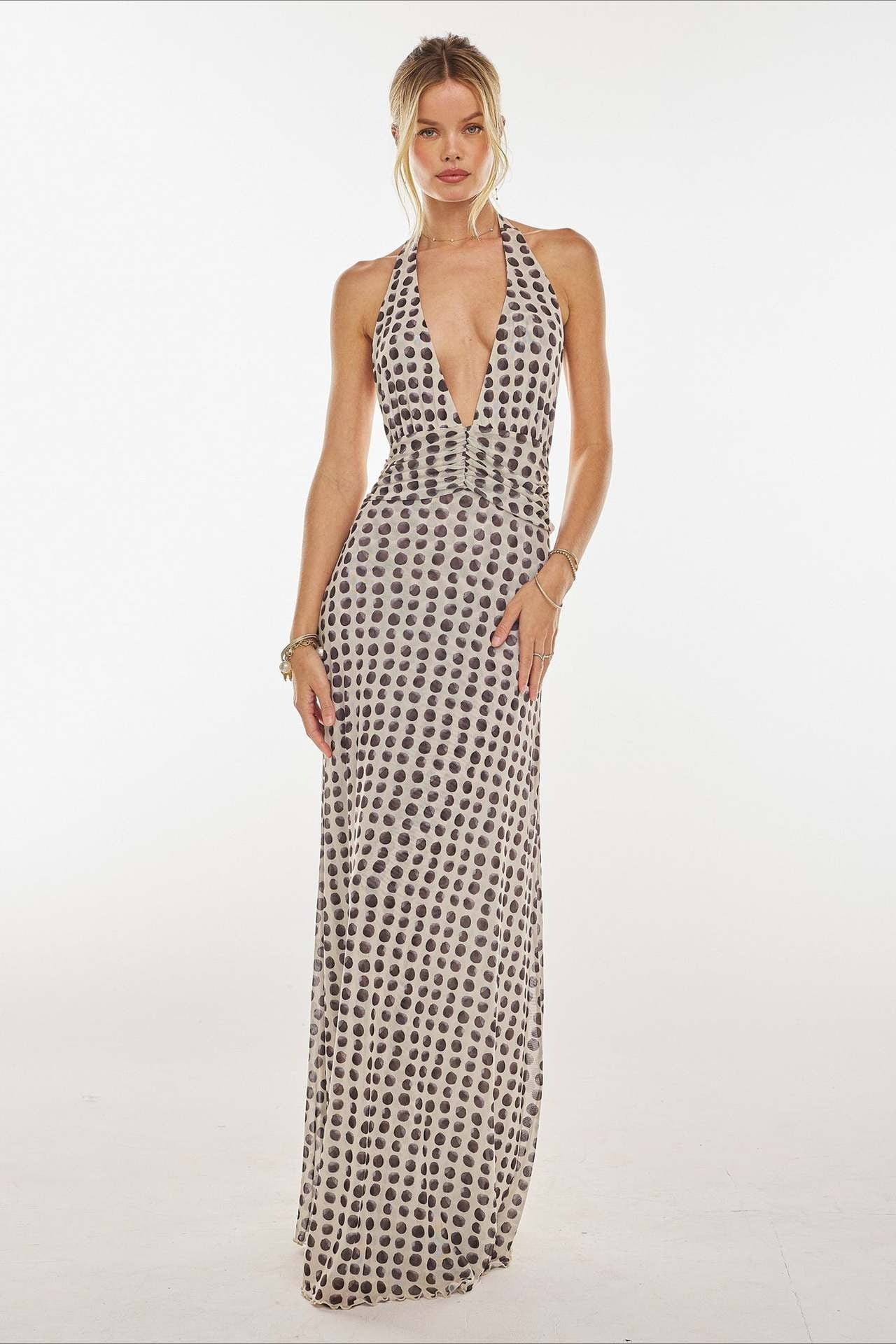 Polka Dot Halter Neck Deep V-Neck Ruched Waist Bodycon Maxi Dress