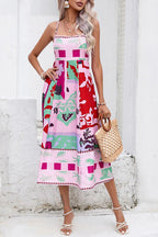Abstract Floral Print Square Neck Spaghetti Strap Smocked Back Pocket Midi Dress