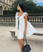 Lace Trim Square Neck Ribbon Bow Babydoll Mini Dress
