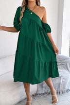 Solid Color Loose Slash Neck Short-sleeved Casual Midi Dress