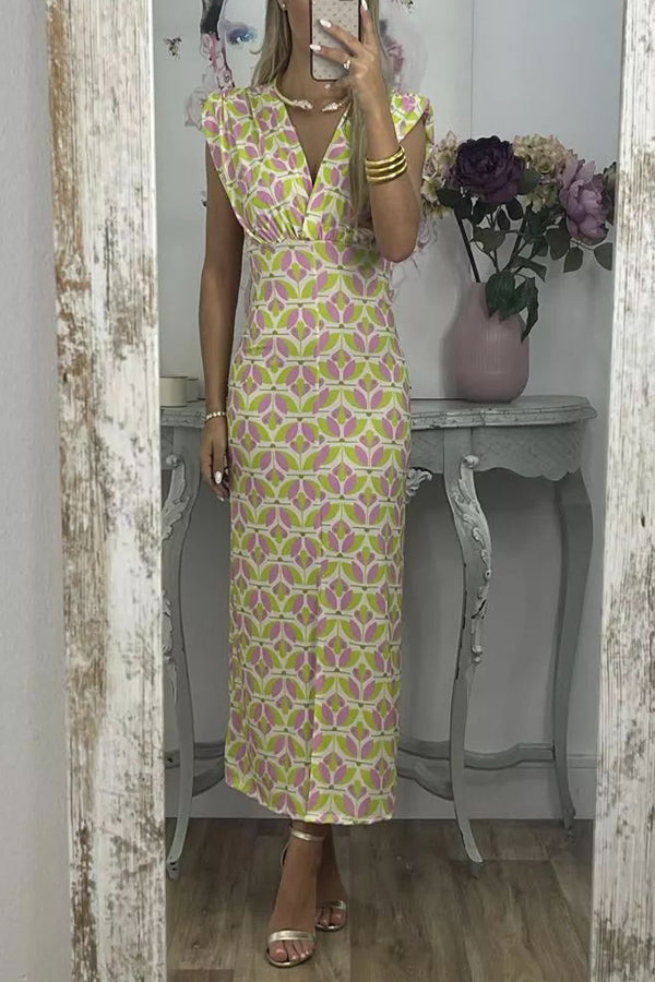 Geometric Print Padded Shoulder Center Slit Column Midi Dress