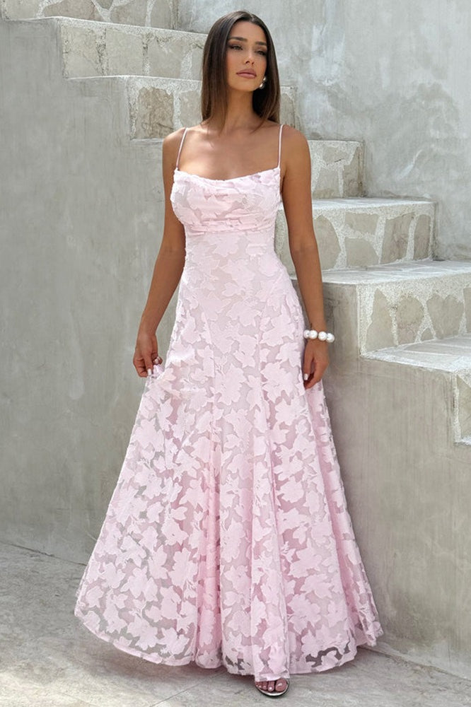 Floral Lace Cross Back Lace Up Open Back A-Line Maxi Gown