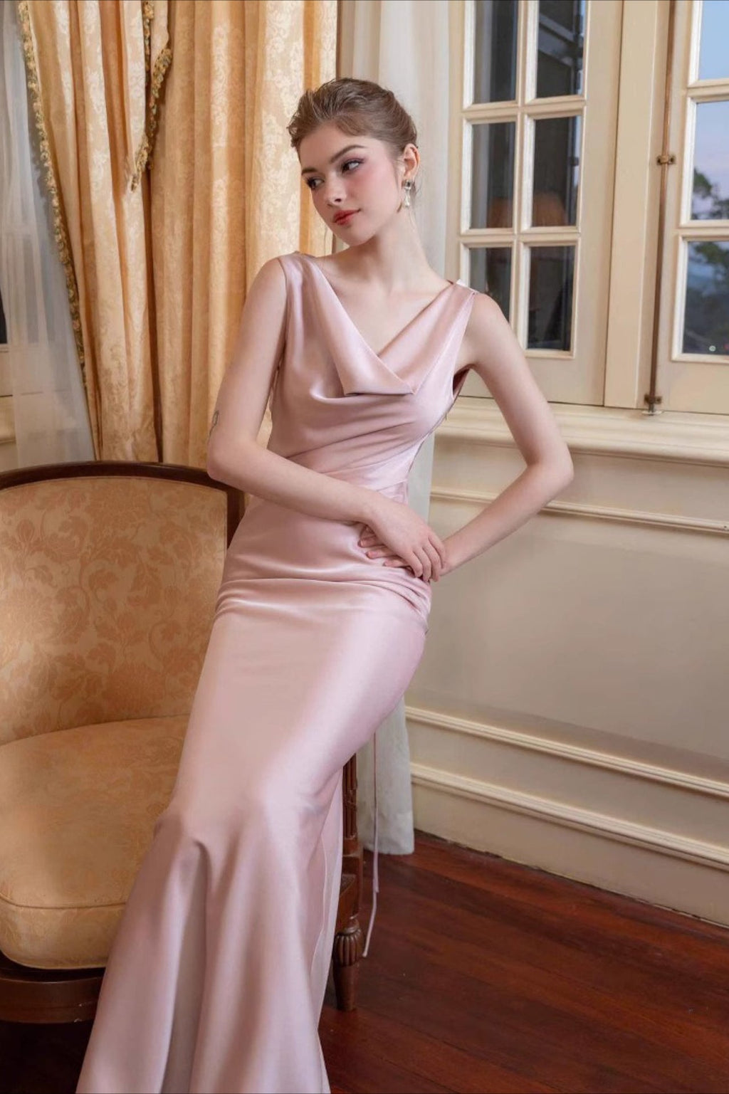 Satin Cowl Neck Open Back Bias Cut Slip Maxi Formal Dress