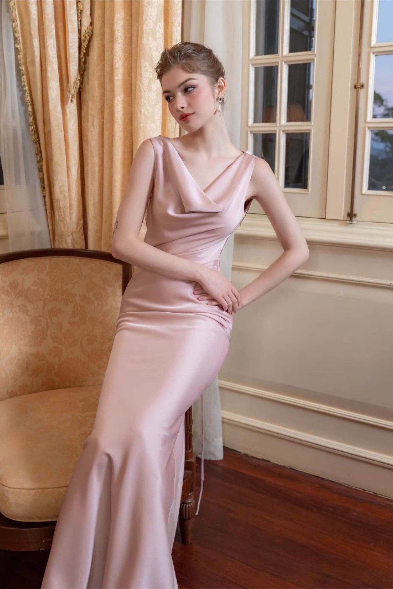 Satin Cowl Neck Open Back Bias Cut Slip Maxi Formal Dress