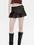 Vintage Buckle Detail Pleated Leather Mini Skirt