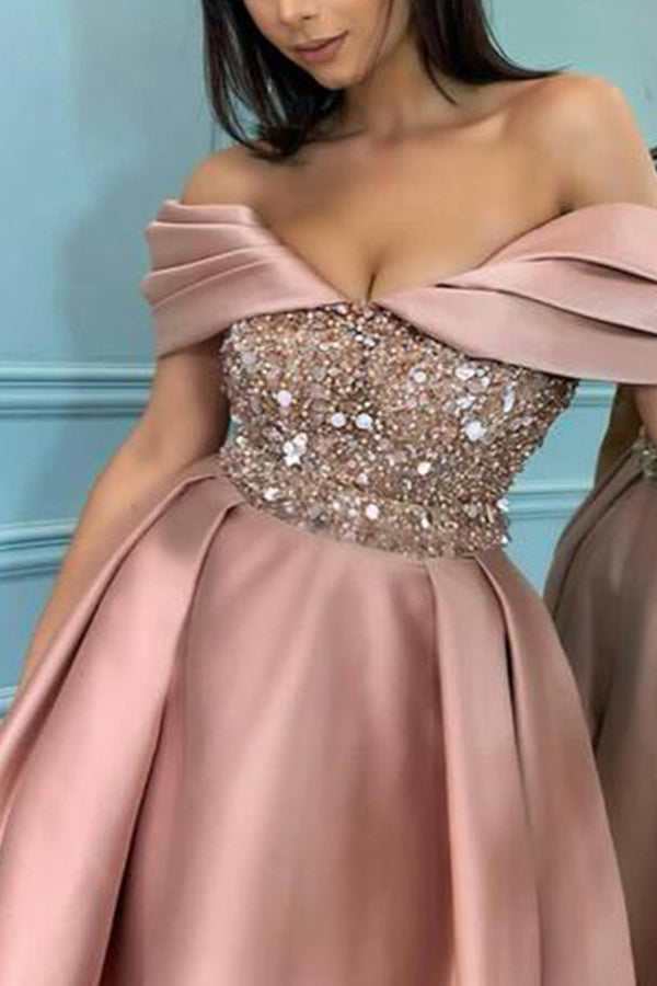 Off Shoulder Sequin Corset Bodice Pleated Satin Cocktail Dress