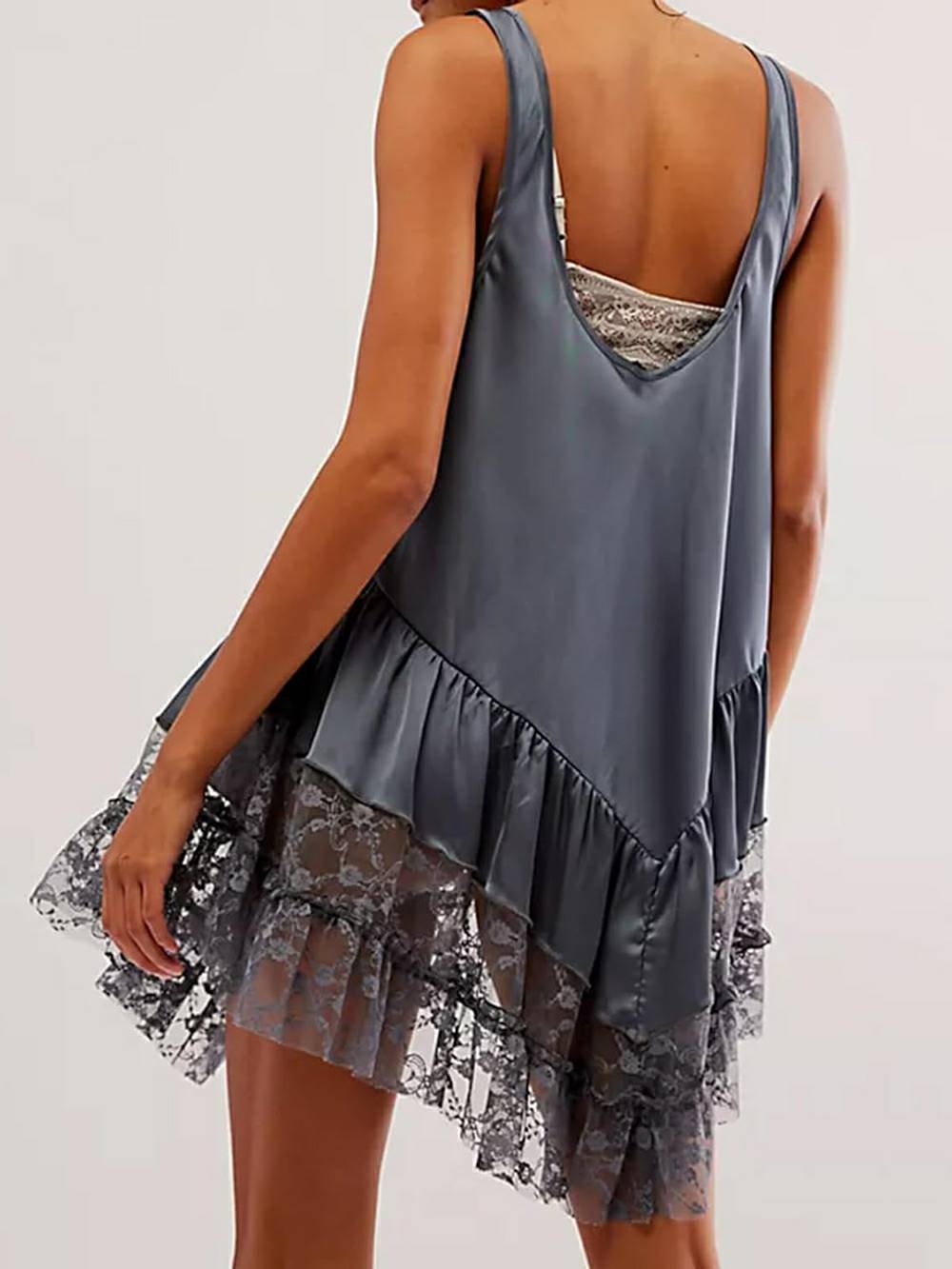 Lace Asymmetrical Ruffled Hem Mini Dress