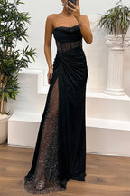 Strapless Rhinestone Mesh Corset Bodice Draped Satin Side Slit Maxi Gown