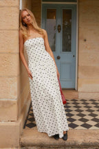 Strapless Polka Dot Dropped Waist Flowy Maxi Dress