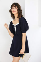 Square Neck Puff Sleeve Contrast Trim Tie Front A-Line Mini Dress