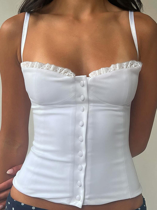 Lace Paneled Breast-Shaped Buttons Tank Top