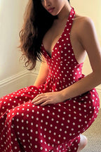 Polka Dot V-Neck Wide Strap Fit and Flare Midi Dress