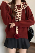 Striped Shawl Collar Pom Pom Solid Sweater