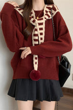 Striped Shawl Collar Pom Pom Solid Sweater