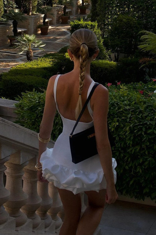 White Backless Ruching Hem Sleeveless Dress