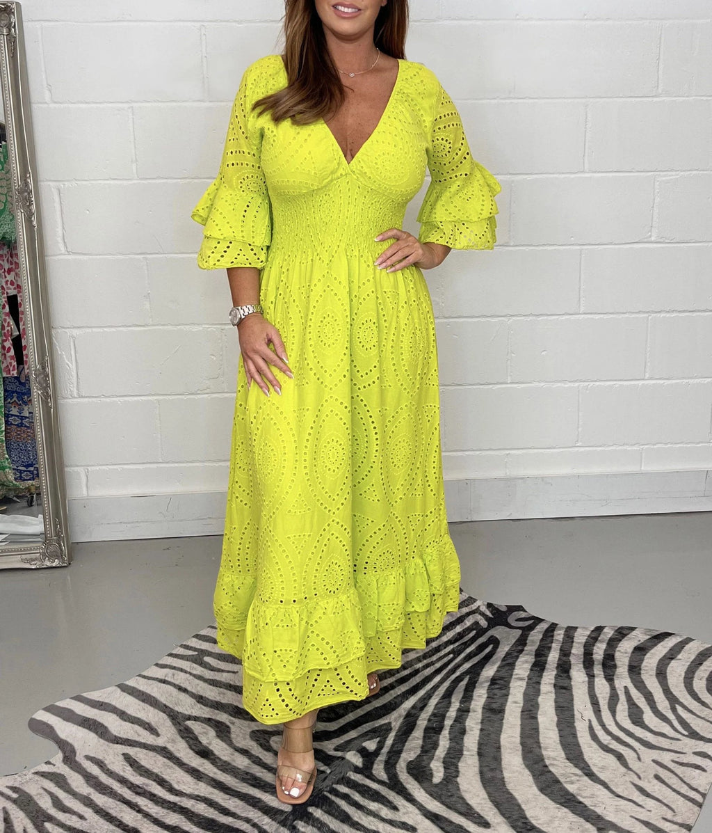 Eyelet Broderie Smocked V Neck Tiered Ruffle Bell Sleeve Maxi Dress