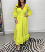 Eyelet Broderie Smocked V Neck Tiered Ruffle Bell Sleeve Maxi Dress