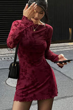 Red Mesh Floral Long Sleeve Bodycon Dress