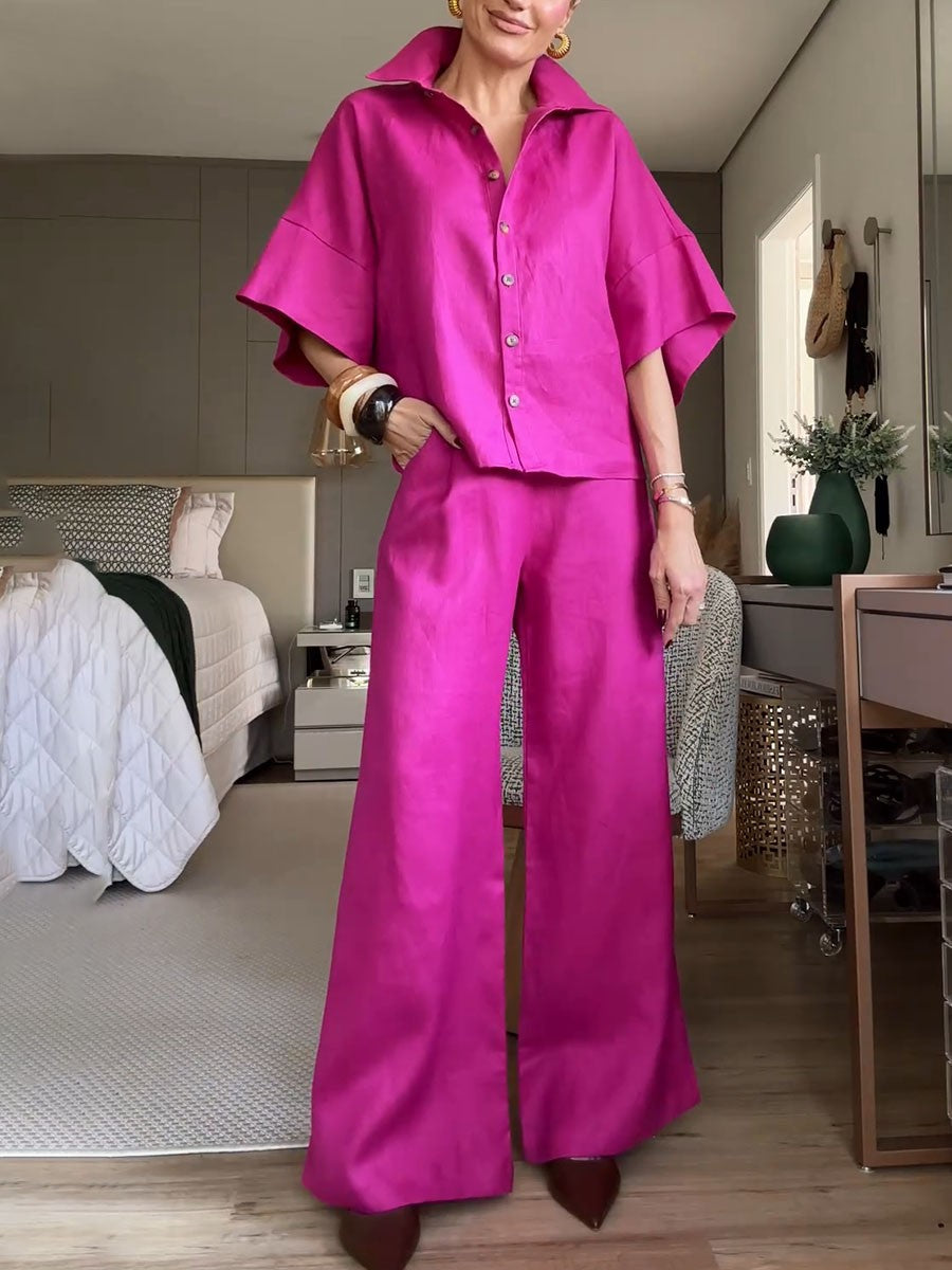 Chic wide-sleeved cotton and linen casual two-piece set