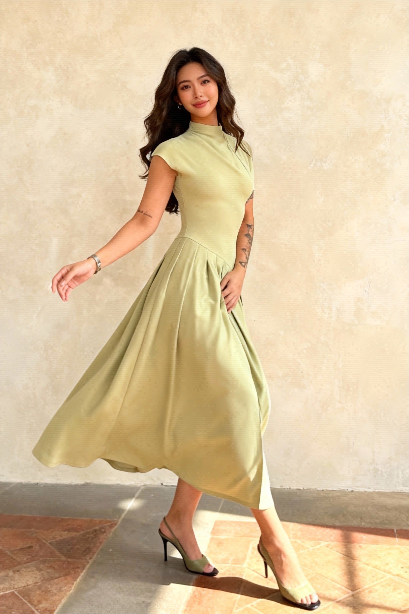 One Shoulder Ruched Waistband Pleated A-Line Midi Dress