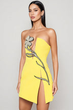 Sable Crystal Applique Slit Mini Dress
