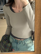 Contrast Color Fake Two Piece Long Sleeve Knit