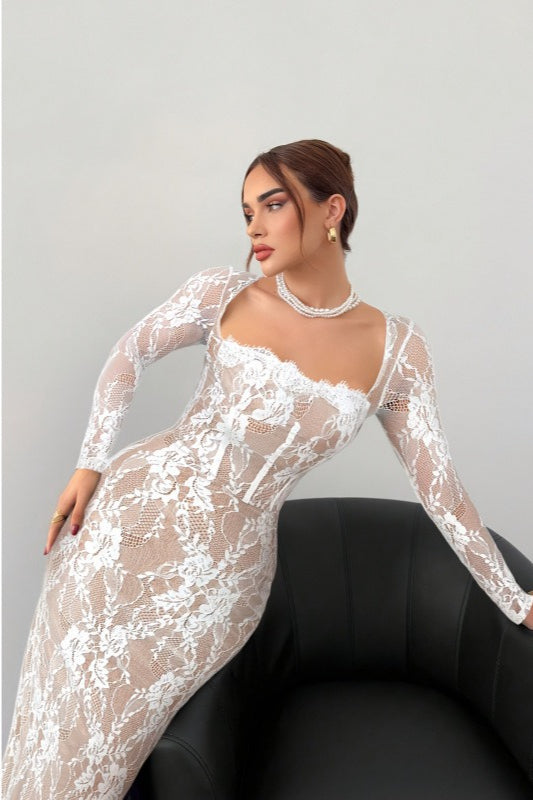 Lace Corset Square Neck Long Sleeve Bodycon Midi Dress